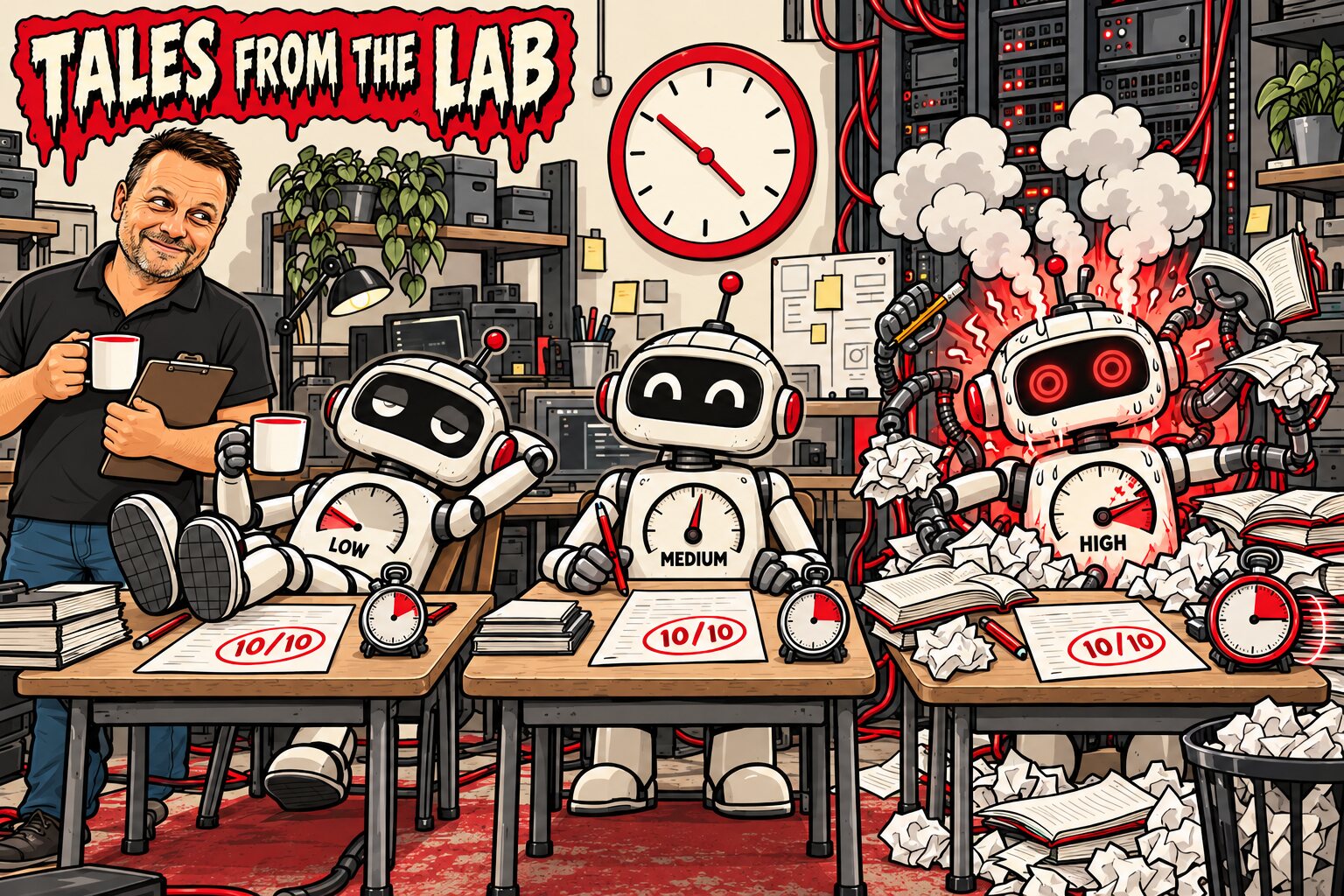 Cartoon: three robots at exam desks set to low, medium and high effort all score 10/10. Low relaxes with tea, high is steaming with extra arms and its stopwatch still running. Adrian looks on with a raised eyebrow.