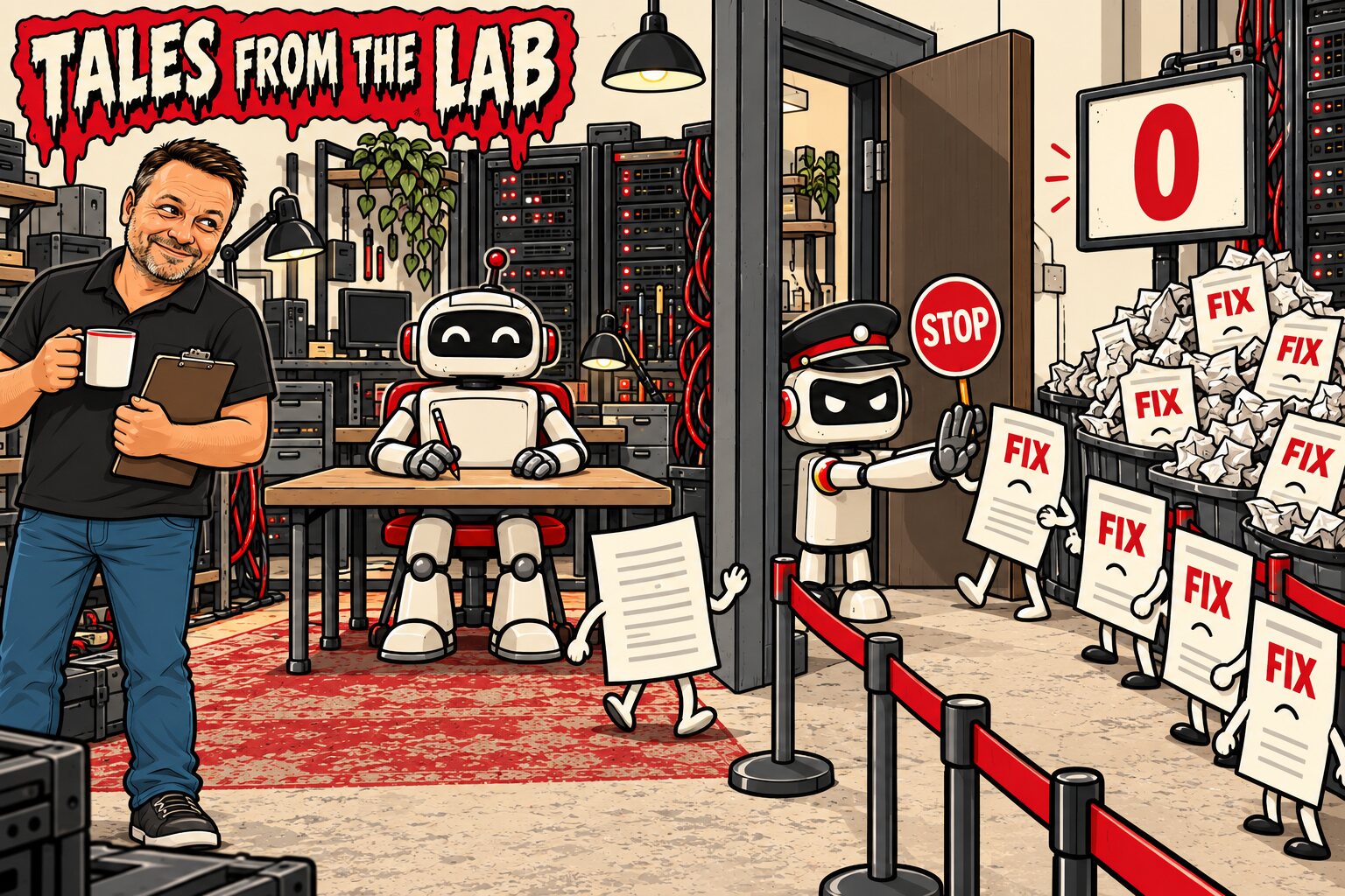 Cartoon: a capable robot waits at an empty desk while a doorman robot with a STOP sign turns away every test paper marked FIX, which pile up beside a scoreboard showing 0. Adrian, mug in hand, looks on with a wry smile.