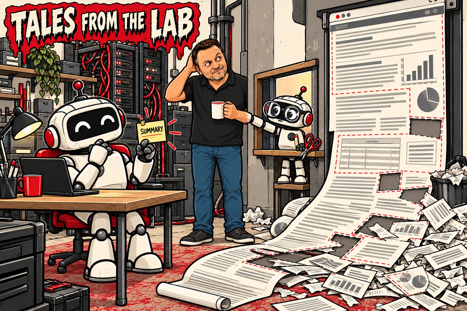 Cartoon: a robot at a desk happily reads a sticky note marked SUMMARY, handed through a hatch by a small robot with scissors beside a huge web page with most of it cut away and piled on the floor. Adrian scratches his head.